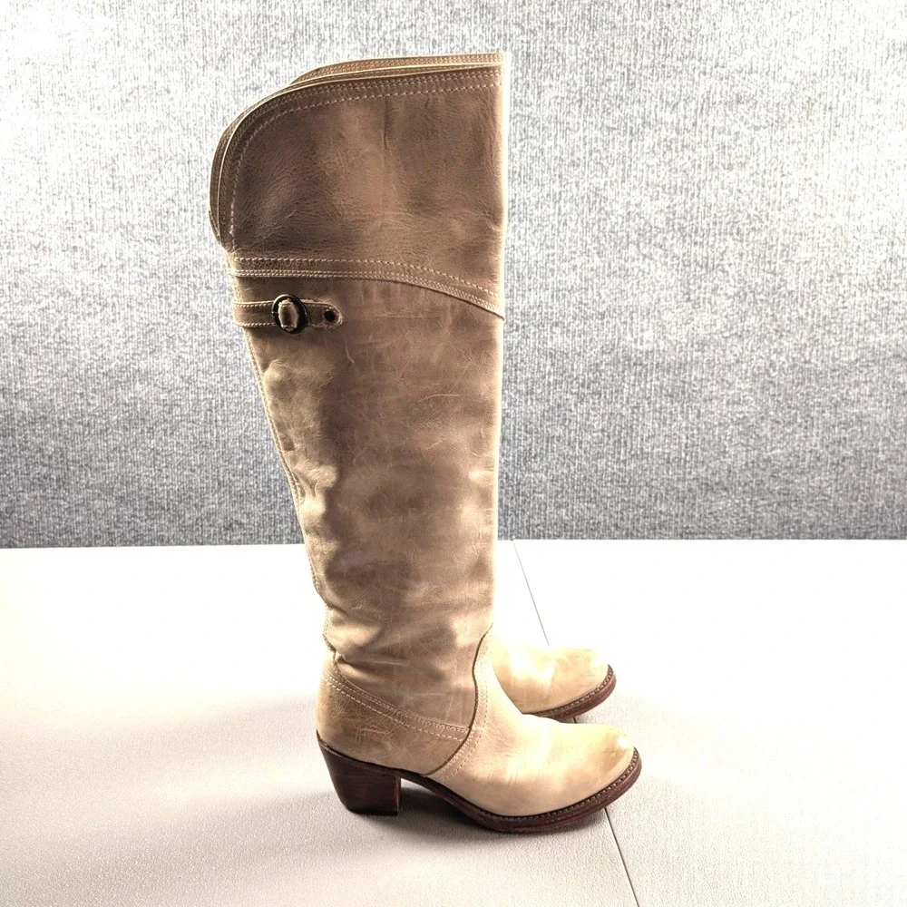 Frye Jane Tall Cuff Boots 6 Cream Taupe Leather OTK Riding Western Over the Knee